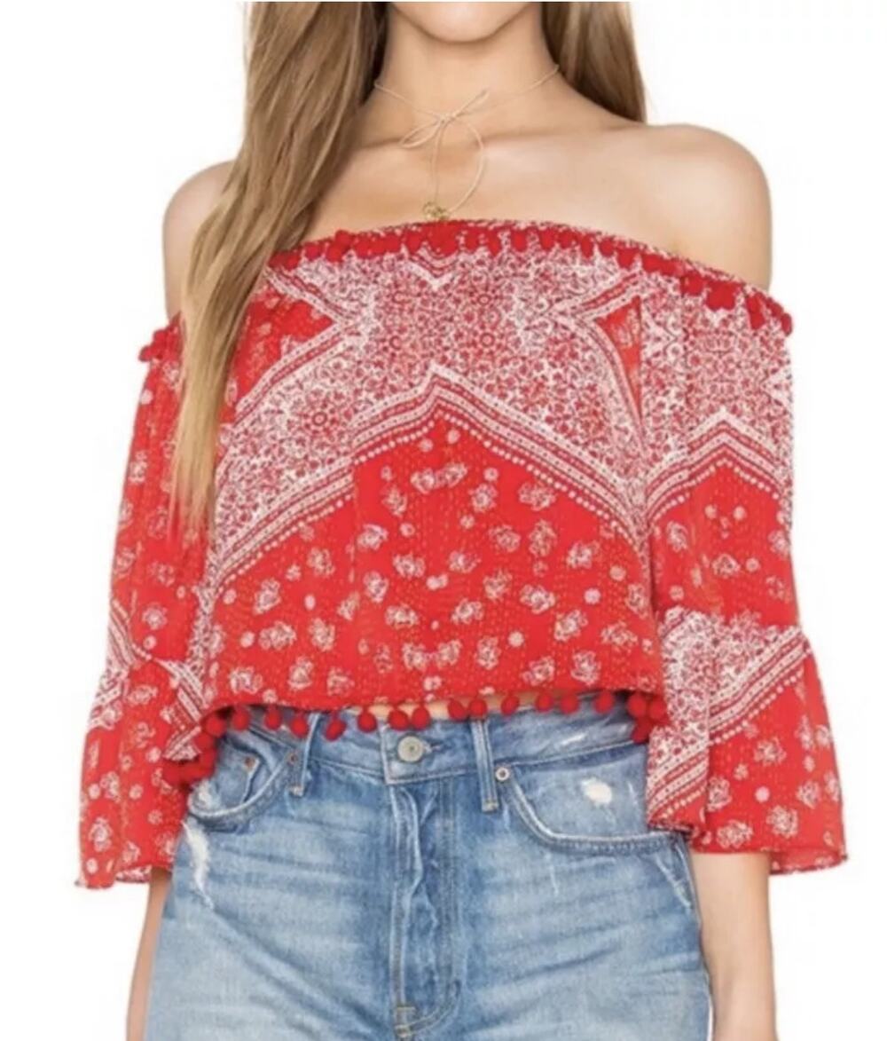 Tularosa Alexa Top Womens XS Red Bandana Pom Pom Off Shoulder Bell Sleeves